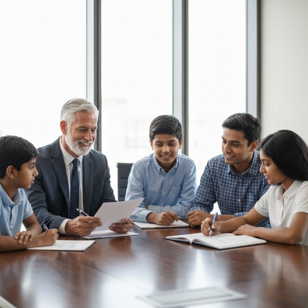 Consultor financiero trabajando con una familia empresaria en planificación financiera